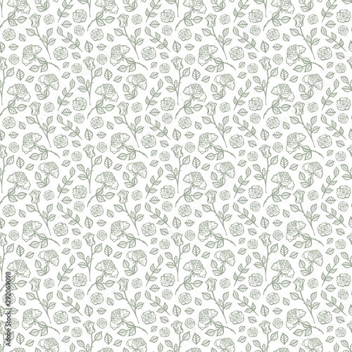 Beautiful seamless pattern in roses with contours. Hand-drawn contour lines and strokes. Perfect for background greeting cards and invitations of the wedding  birthday  Valentine s Day