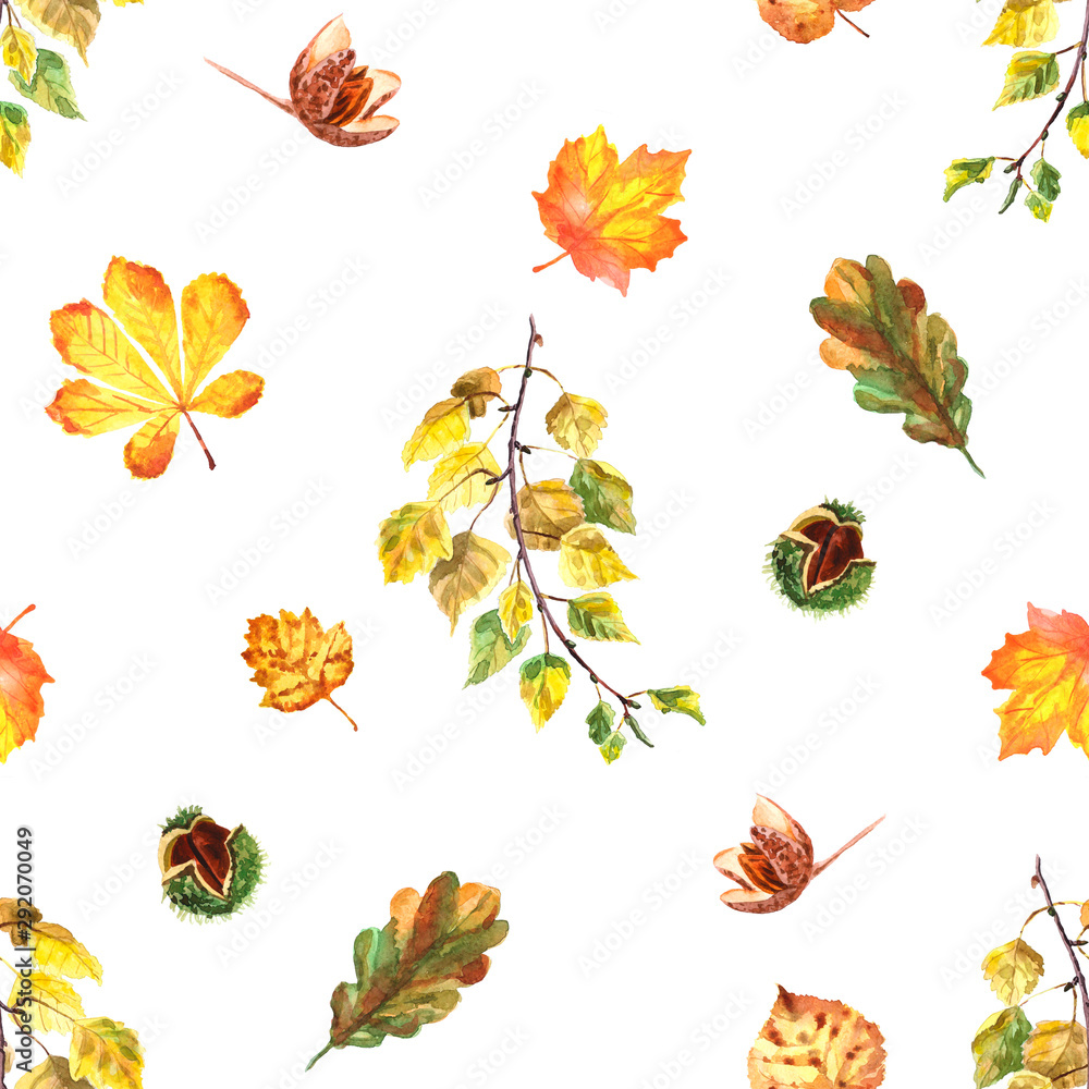 Watercolor autumn seamless pattern with leaves and nuts isolated on a white background