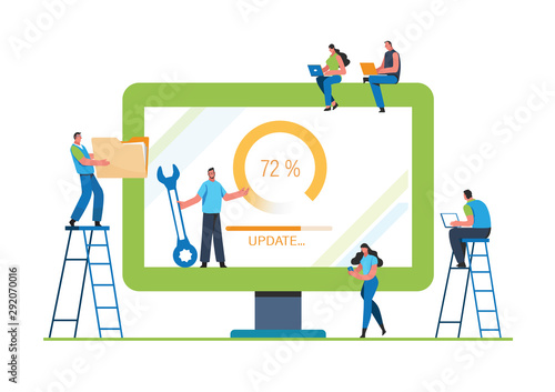 System updates with people updating operation in computing and installation programs. Flat vector illustration modern character design. For a landing page, banner, flyer, poster, web page.