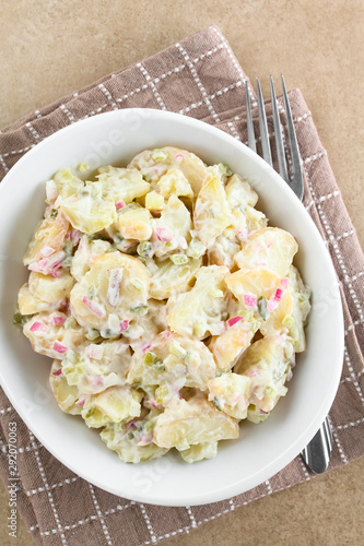 Fresh homemade vegetarian potato salad made with red onion, pickles, mayonnaise and mustard, served in bowl, photographed overhead (Selective Focus, Focus on the salad)