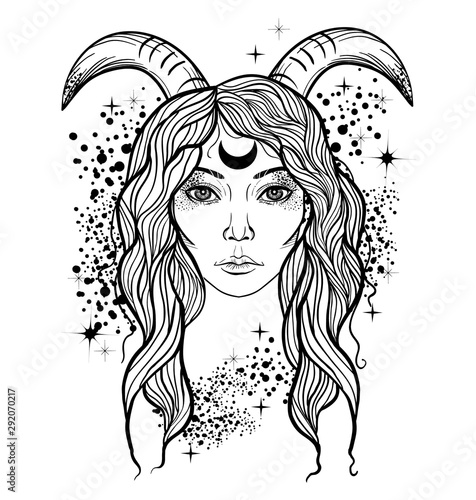 Tattoo art style illustration with girl with horns. Mystical creature faun.