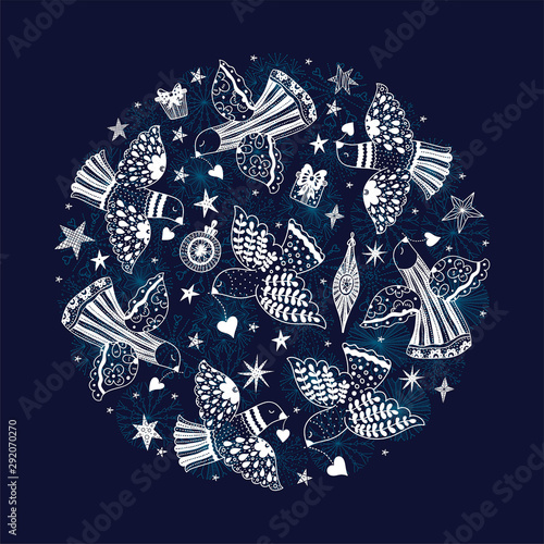 Doves and stars.  Christmas motif. Vector card.