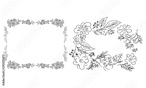 Tropical hand-drawn floral rectangular shaped frames. Outline set. Jungle illustration. Floral set. Vector isolated collection. Natural spring wedding card. Summer tropical leaf. Botanical frames