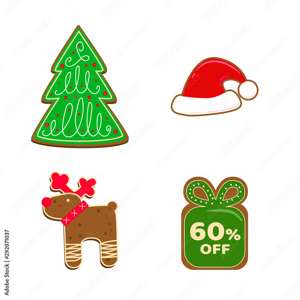 Set of Christmas cookies on white background.  Vector elements for discount tags, promotion stickers, invitation, cards, postcards, lables, flyer, banner, poster, textil design.