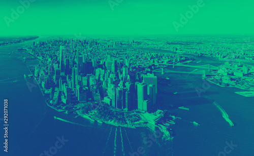 Aerial view of Lower Manhattan, New York with green duotone with duotone photo
