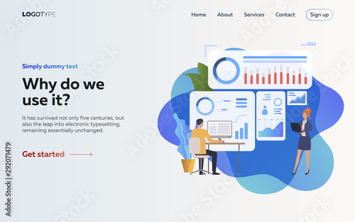 Employers analyzing infographics landing page. Laptop, screen, diagrams. Efficiency concept. Vector illustration can be used for topics like business, work, time management