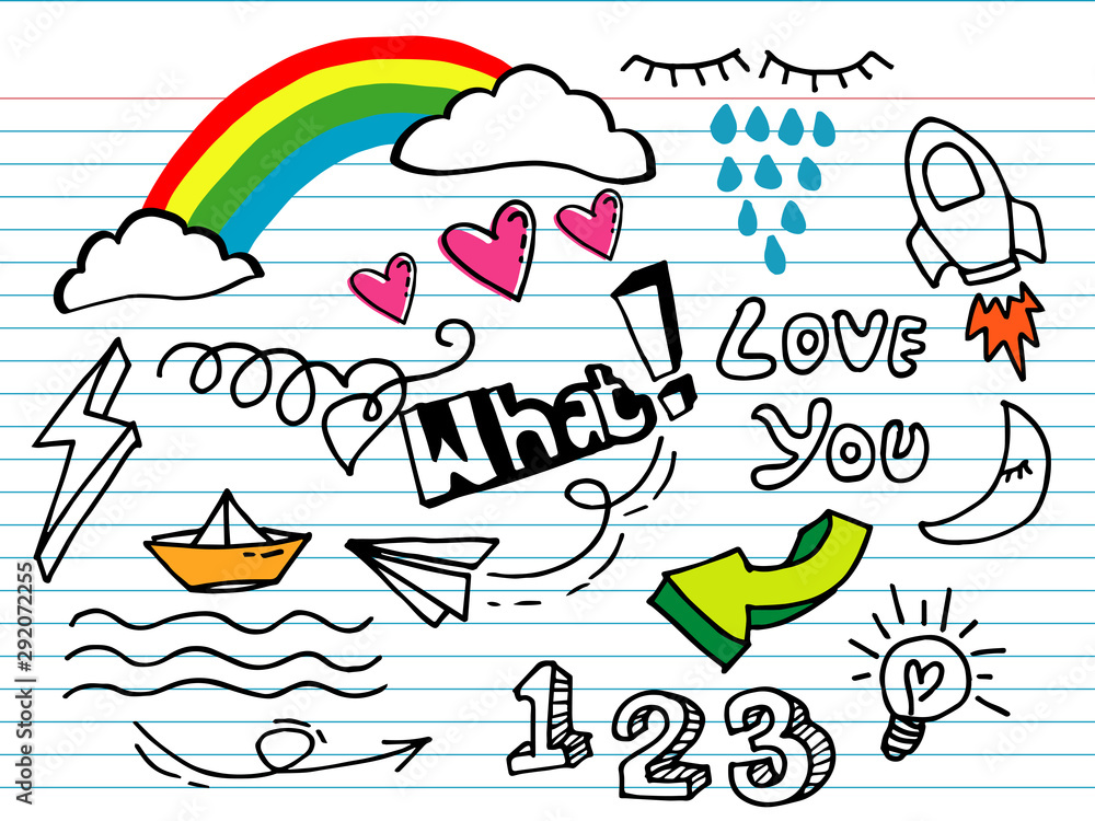 Hand drawn of doodle set. design element for concept design. cloud, rainbow, arrow 3d, eyes, line, number, rocket. with colors. vector illustration