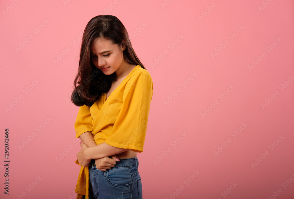 woman touching stomach with hurt pain suffering from stomachache menstrual period cramp woman touching stomach with hurt pain suffering from stomachache menstrual period cramp