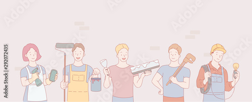 team group of repairmen cleaning painter plasterer