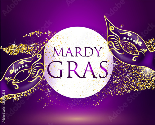 Beautiful background with Mardy Gras glitter inscription carnival or theatrical curtains, gold confetty and stade light. Vector illustration, concept design for poster, greeting card, party invitation