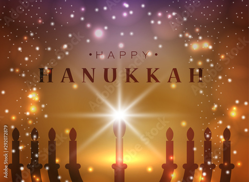 Vector illustration. Happy Hanukkah typography vector design for greeting cards and poster design template celebration. . Beautiful Hanukkah background, blurred festive lights.