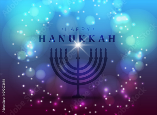 Vector illustration. Happy Hanukkah typography vector design for greeting cards and poster design template celebration. . Beautiful Hanukkah background, blurred festive lights.