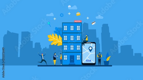 Website or landing page of  people booking hotel and search reservation with Tiny People Character Concept Vector Illustration, Suitable For web landing page,Wallpaper, Background, Card, banner,