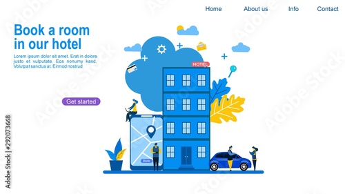 Website or landing page of  people booking hotel and search reservation with Tiny People Character Concept Vector Illustration, Suitable For web landing page,Wallpaper, Background, Card, banner,Book 