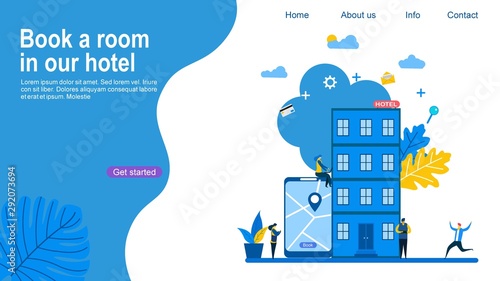 	 people booking hotel and search reservation with Tiny People Character Concept Vector Illustration, Suitable For web landing page,Wallpaper, Background, Card, banner,Book Illustration