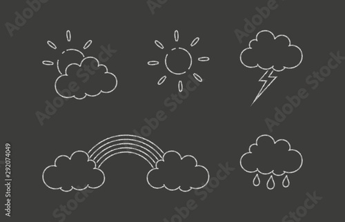 Black and white chalk drawn illustration. Cloud, sun, rain, rainbow and lightning. Weather forecast in different variants