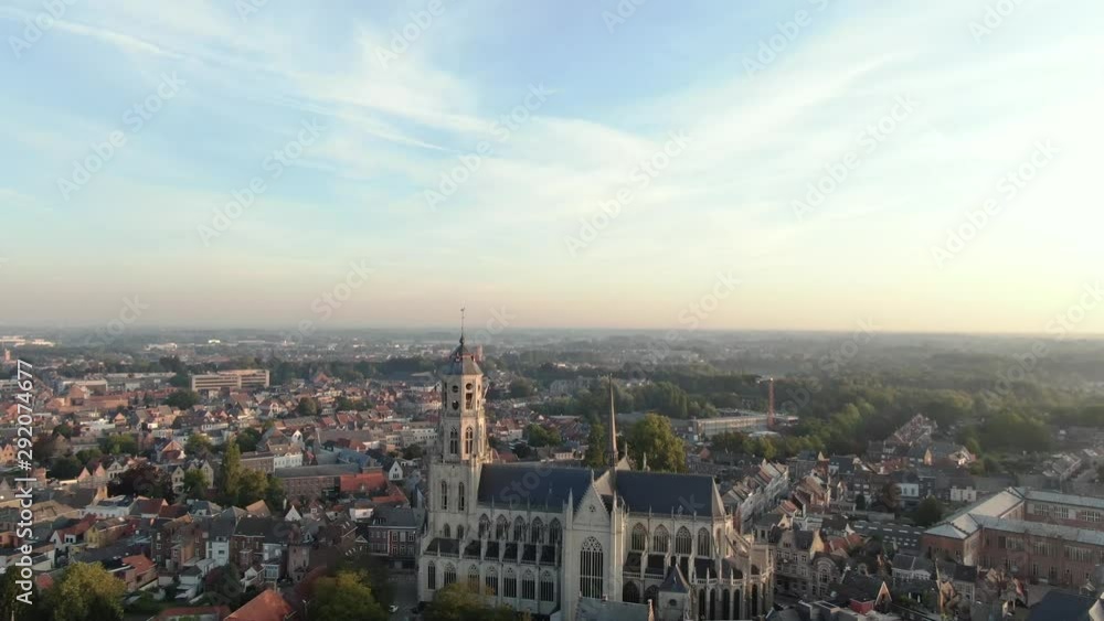 Aerial of Gothic medieval church in Belgium Europe in the town of Lier Aerial of Gothic medieval church in Belgium Europe in the town of Lier