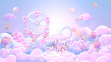 Cartoon pastel amusement park and candy land. 3d rendering picture.