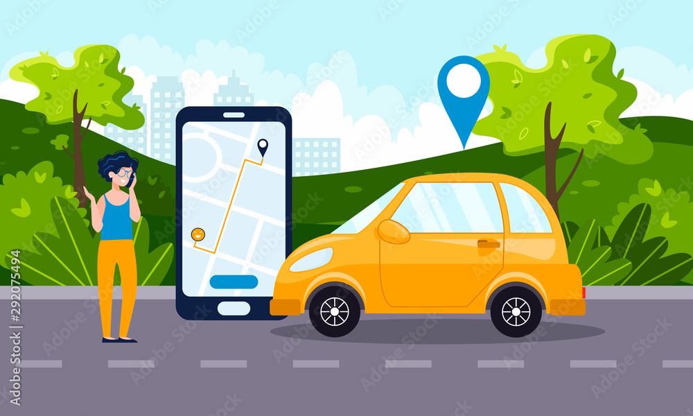 Car sharing service concept with positive businesswoman, telephone app, yellow car. Green environment. Online map and car rental, GPS, mobile application. Vector flat illustration. Car sharing service concept with positive businesswoman, telephone app, yellow car. Green environment. Online map and car rental, GPS, mobile application. Vector flat illustration.