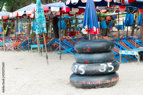Lifebuoy made from car tires ,at the beach.
