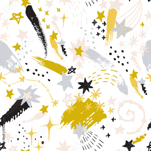 Colorful starry sky background: shooting stars, constellations, galaxy, milky way in scandinavian style.