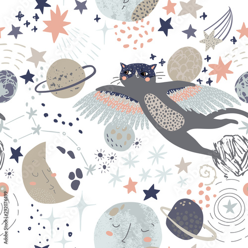 Cartoon cosmic background: flying cat in superhero mask, cute planets, moon, shooting stars, galaxy, milky way.