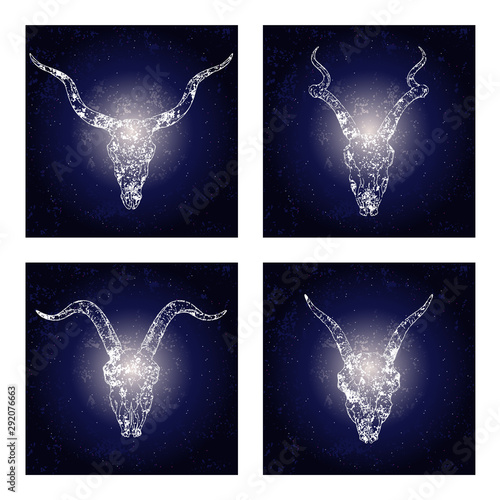 Vector set of four illustrations with hand drawn skulls antelopes and goats against the background of the starry sky.