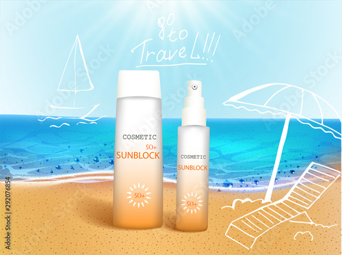 Vector illustration. 3d bottles with sun protection cosmetic products on tropic beach with hand draw doodle element. Sunblock cream and tanning oil spray bottle. Template, for magazine or ads
