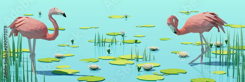 Flamingos on the lake among water lilies