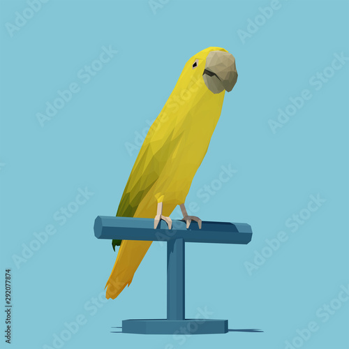 Vector polygonal yellow-green parrot on a stand rack