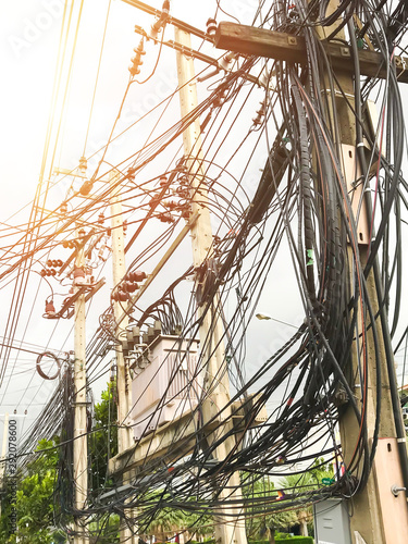 Photography The chaos of cables and wires on an electric pole