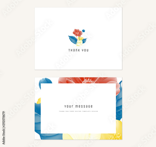 Floral thank you card template design, flowers bouquet in yellow, red and blue tones on white