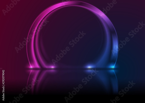 Blue and ultraviolet neon laser circle arch with reflection. Abstract ring technology retro background. Futuristic glowing electric graphic design. Modern vector illustration