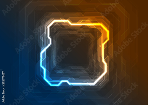 Blue and orange neon geometric lines abstract tech background. Vector glowing sci-fi design