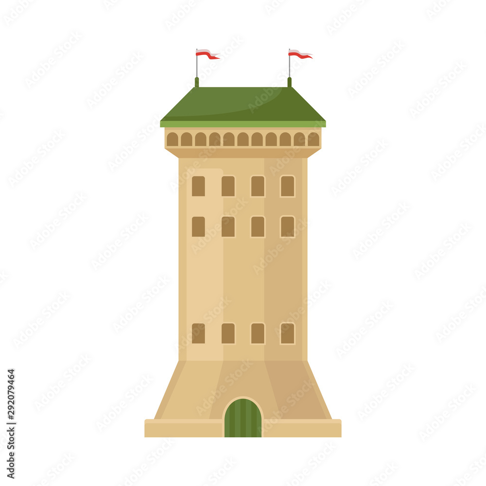 Beige castle tower with a green roof. Vector illustration on a white background.