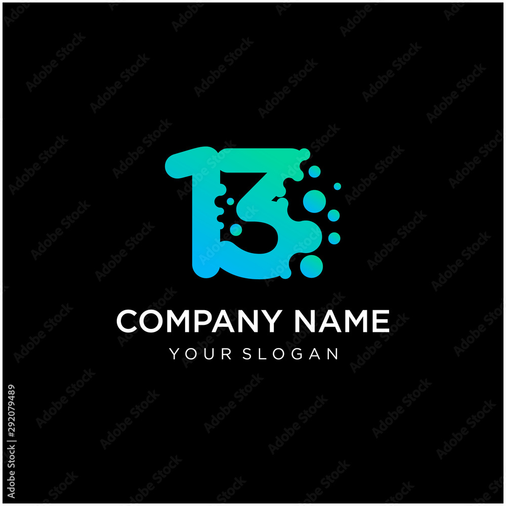 Number 13 with dot shape. molecule and Lab Logo Design Element. perfect for technology,software, network and science brand. Liquid gradient shape, Alphabet ecology with water and dew drops. - vector