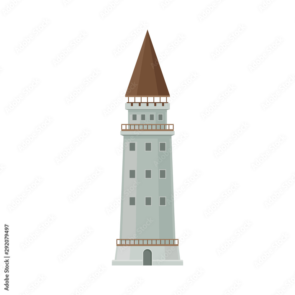 Gray castle tower with a brown roof. Vector illustration on a white background. Gray castle tower with a brown roof. Vector illustration on a white background.