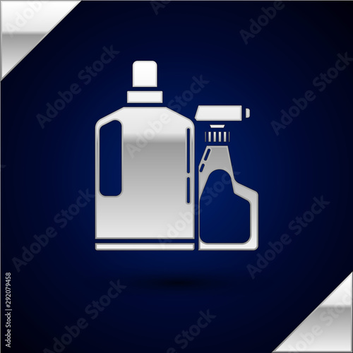 Silver Plastic bottles for liquid laundry detergent, bleach, dishwashing liquid or another cleaning agent icon isolated on dark blue background. Vector Illustration