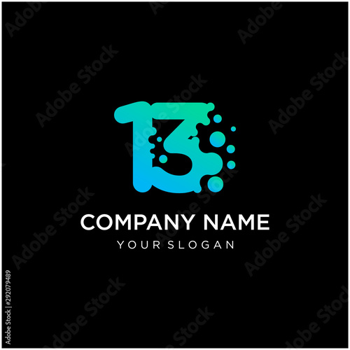 Number 13 with dot shape. molecule and Lab Logo Design Element. perfect for technology,software, network and science brand. Liquid gradient shape, Alphabet ecology with water and dew drops. - vector