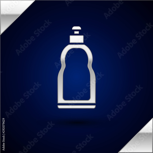 Silver Plastic bottle for liquid laundry detergent, bleach, dishwashing liquid or another cleaning agent icon isolated on dark blue background. Vector Illustration