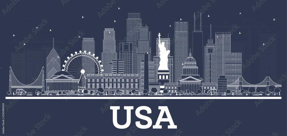 Outline USA City Skyline with White Buildings.