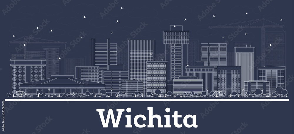 Outline Wichita Kansas City Skyline with White Buildings.