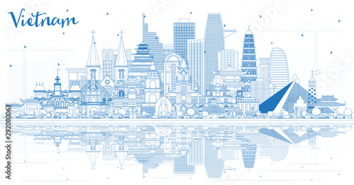 Outline Vietnam City Skyline with Blue Buildings and Reflections.
