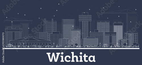 Outline Wichita Kansas City Skyline with White Buildings.
