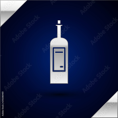 Silver Bottle of wine icon isolated on dark blue background. Vector Illustration