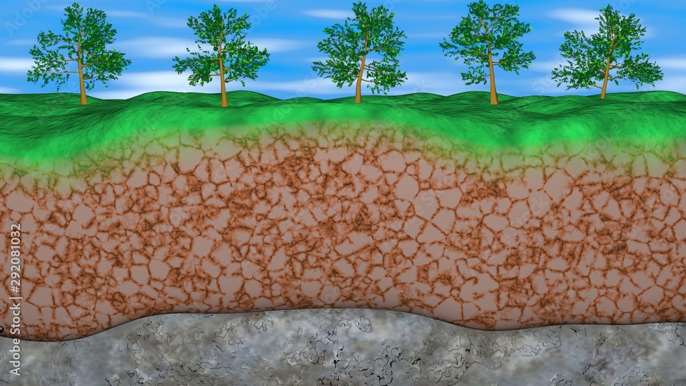 Cross section view of earth, geological layers . Sky, trees , grass ...