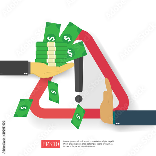 Anti Corruption, Stop and corrupt decline concept. Business bribe with money in an envelope and prohibition warning sign. vector illustration in flat style for banner, background, and presentation