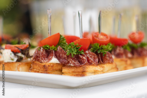 Close-up big plate with serving snack canapes fried bread tomato parsley and salami. Appetizing fresh unhealthy sandwich food decorated on table of luxury restaurant