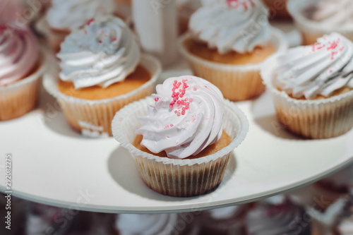 Close-up beautiful fresh appetizing cupcake decorated fresh white whipped cream serving on big plate. Amazing tasty cake sweet dessert covered by colorful topping at fashion evening restaurant