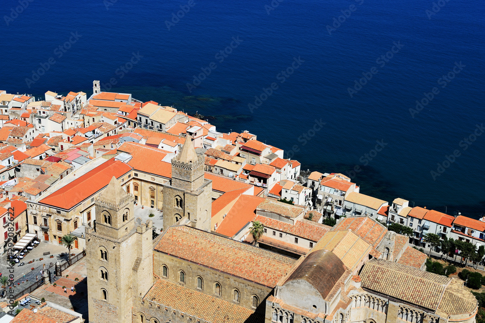 Aerial view of Cefalu town from the rock of Rocca di Cefalu. Sicily, Italy